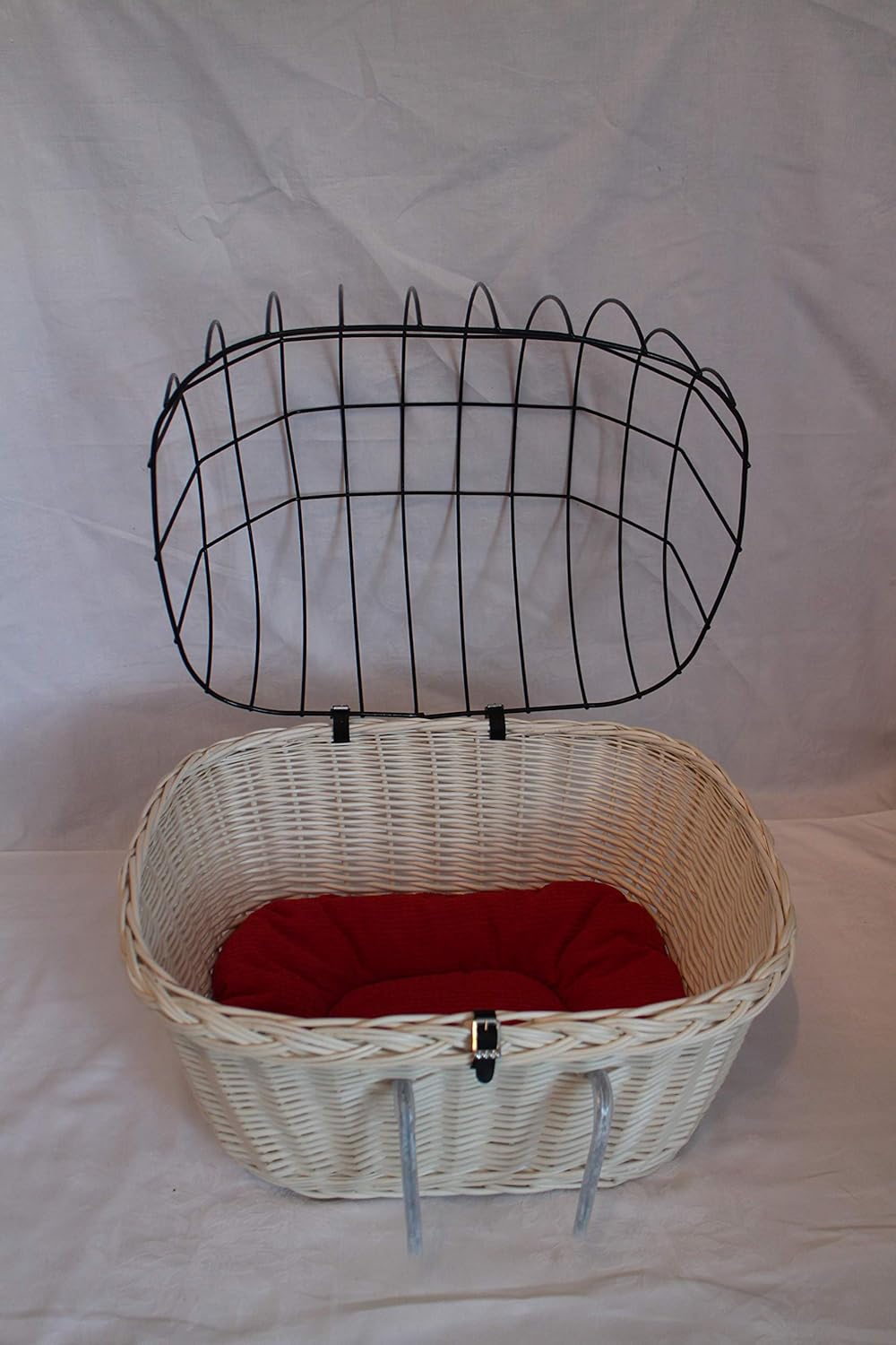 Hundefahrradkorb für Fahradlenker aus Weide mit Metallgitter und Kissen L, XL oder XXL weiss (XL mit