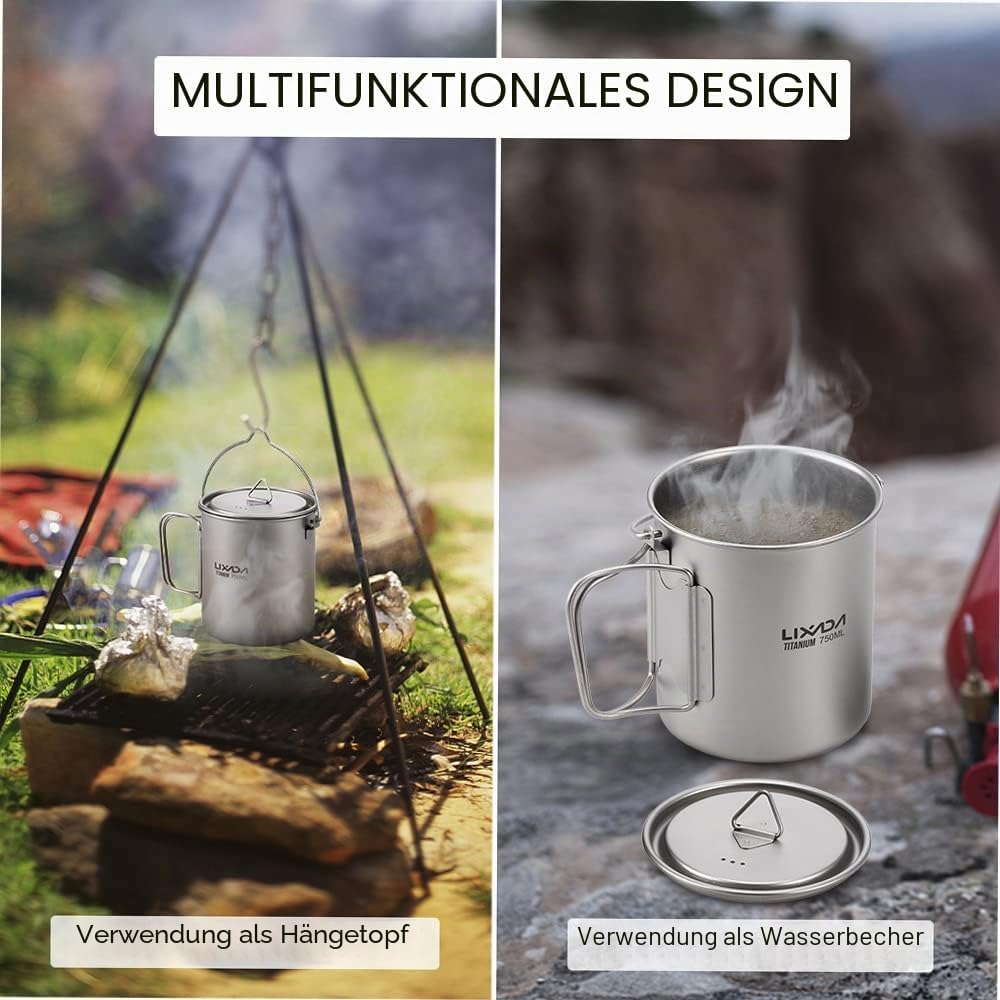 Lixada Titanium Cup Topf, Ultraleicht, tragbar, zum Aufhängen, mit Deckel und Griff, faltbar, für Ca