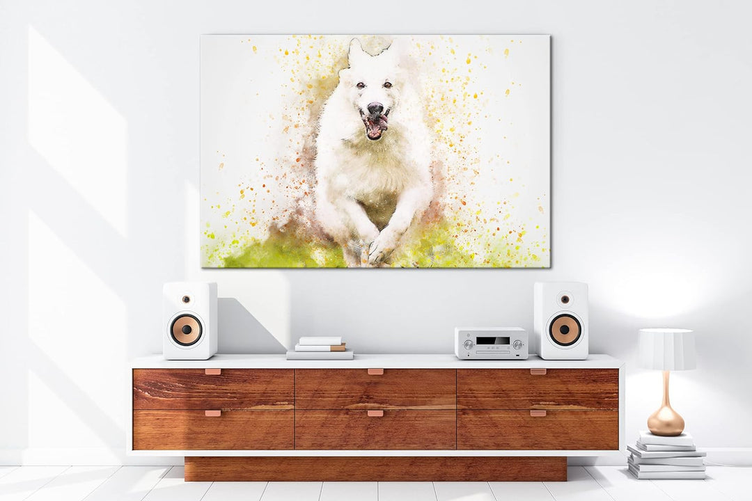 deyoli spielender Hund Format: 80x60 als Leinwandbild, Motiv fertig gerahmt auf Echtholzrahmen, Hoch