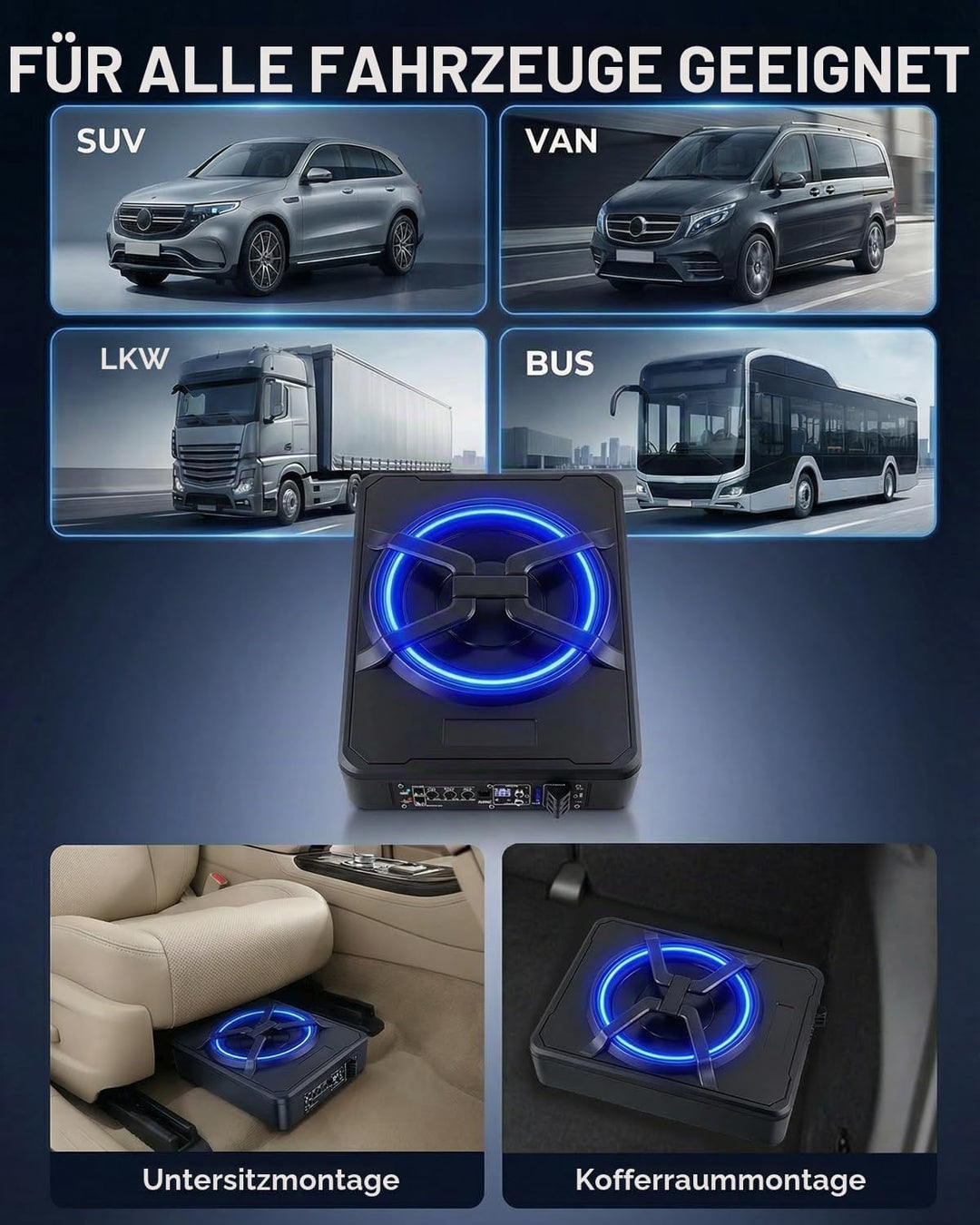 Aktiver Subwoofer für Auto, Passt unter Sitze, Maximale Leistung 1200 W, 10 Zoll, mit Umgebungsbeleu