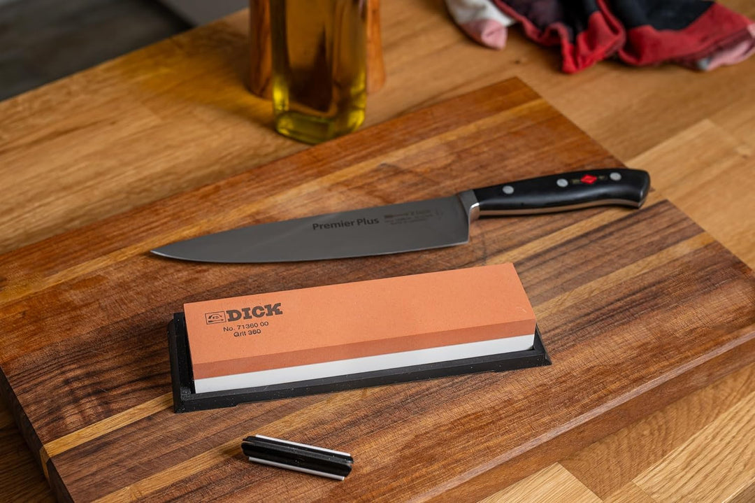 F. DICK Abziehstein für Messer (Schleifstein 360 und 1000 Körnung, 20x5x2,5 cm, Unterlegplatte, Wink