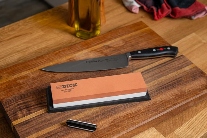 F. DICK Abziehstein für Messer (Schleifstein 360 und 1000 Körnung, 20x5x2,5 cm, Unterlegplatte, Wink