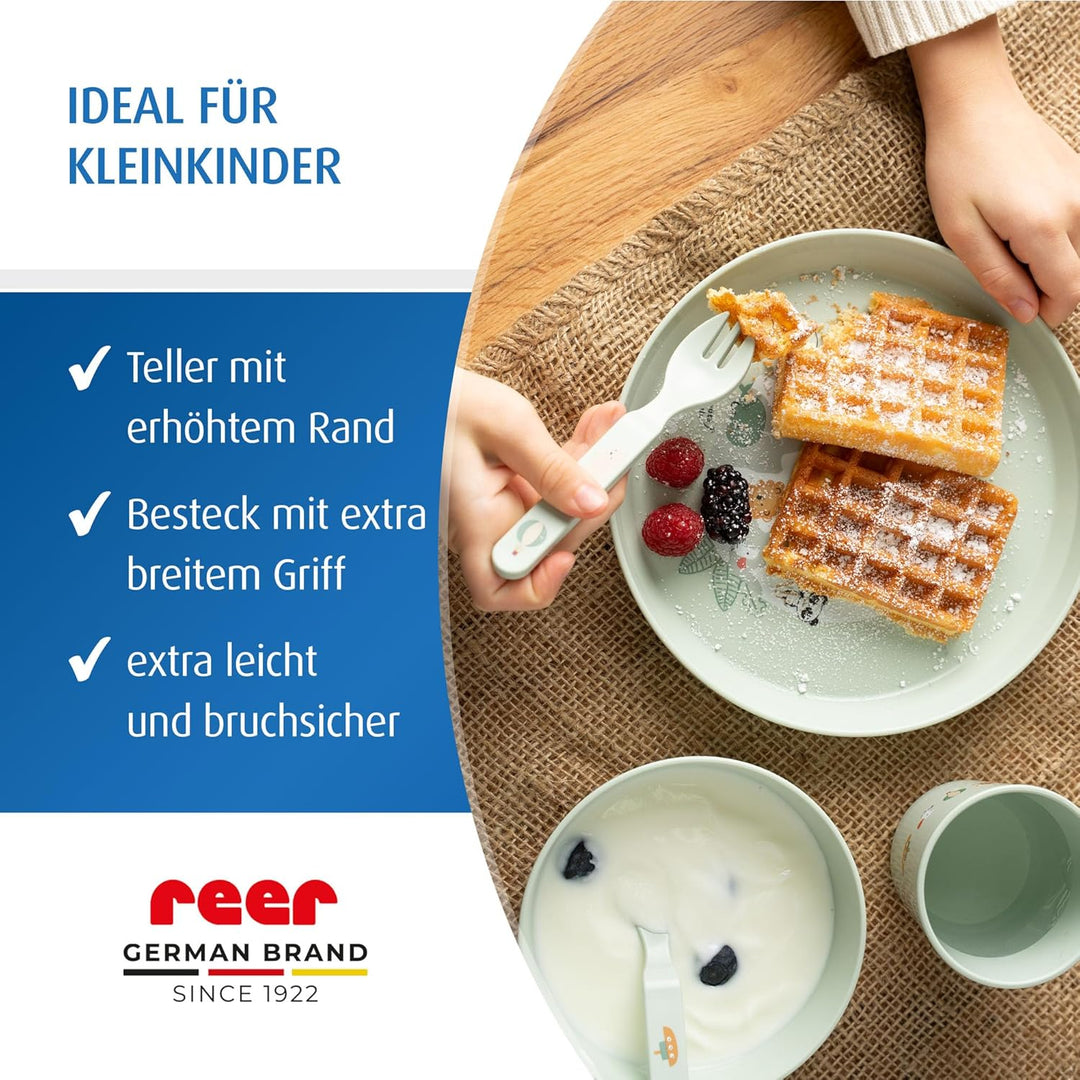 reer Kindergeschirr Set | Motiv: Little Explorer | Biokunststoff-Geschirr für Kleinkinder aus 100% I