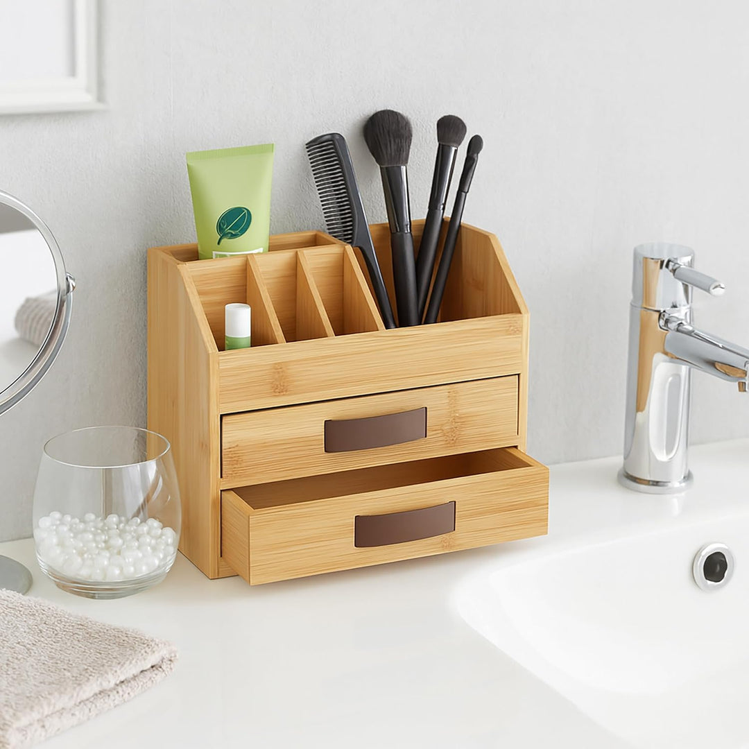 Relaxdays Schreibtisch Organizer, Schubladen & Fächer, HxBxT: 19 x 24 x 14cm, Bambus & PU, Büroaufbe