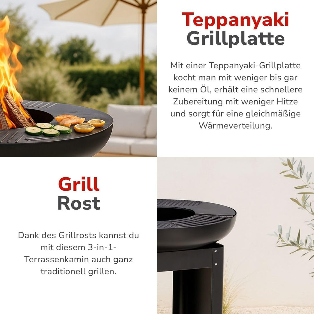 alpina 3-in-1 Feuerstelle und Grillplatte - Gartenkamin 61 x 90 cm - mit Teppanyaki-Grillplatte - Pl