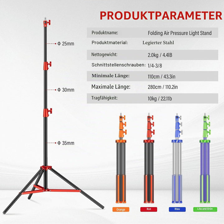 Soonpho Lichtstativ Vollmetall Puffer Druckstativ 9,1 ft/280cm Light Stand Bunt 10kg Tragkraft für O