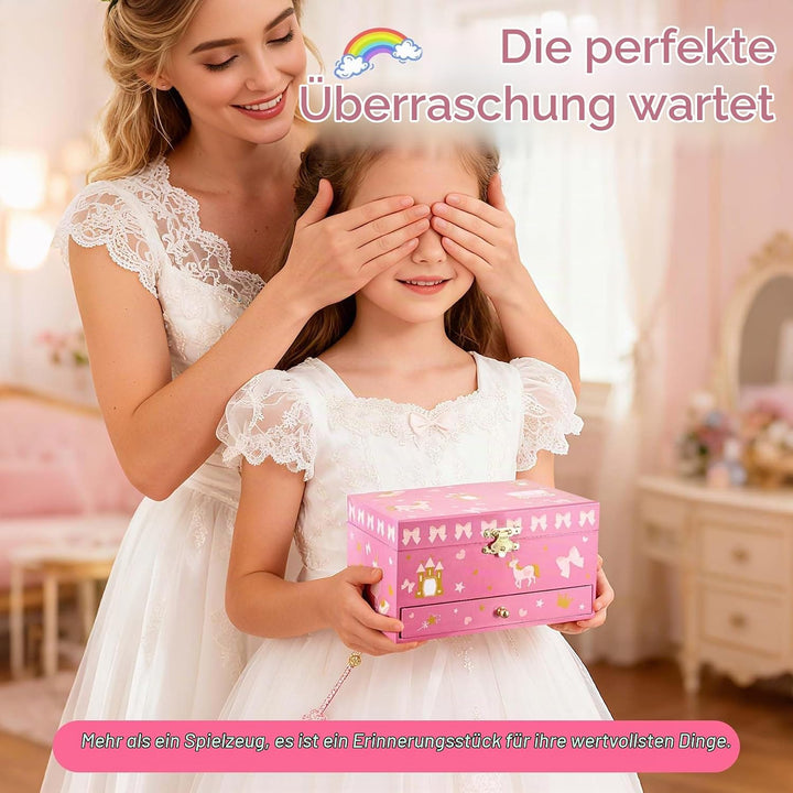 Einhorn Schmuckkästchen Kinder mit Spieluhr für Mädchen,Schmuckschatulle mit drehendem und Spiegel f