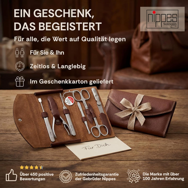 nippes Solingen Classic Premium-Maniküre Set, 7-teilig, Echtes Rindsleder-Nageletui, braun, Edelstah