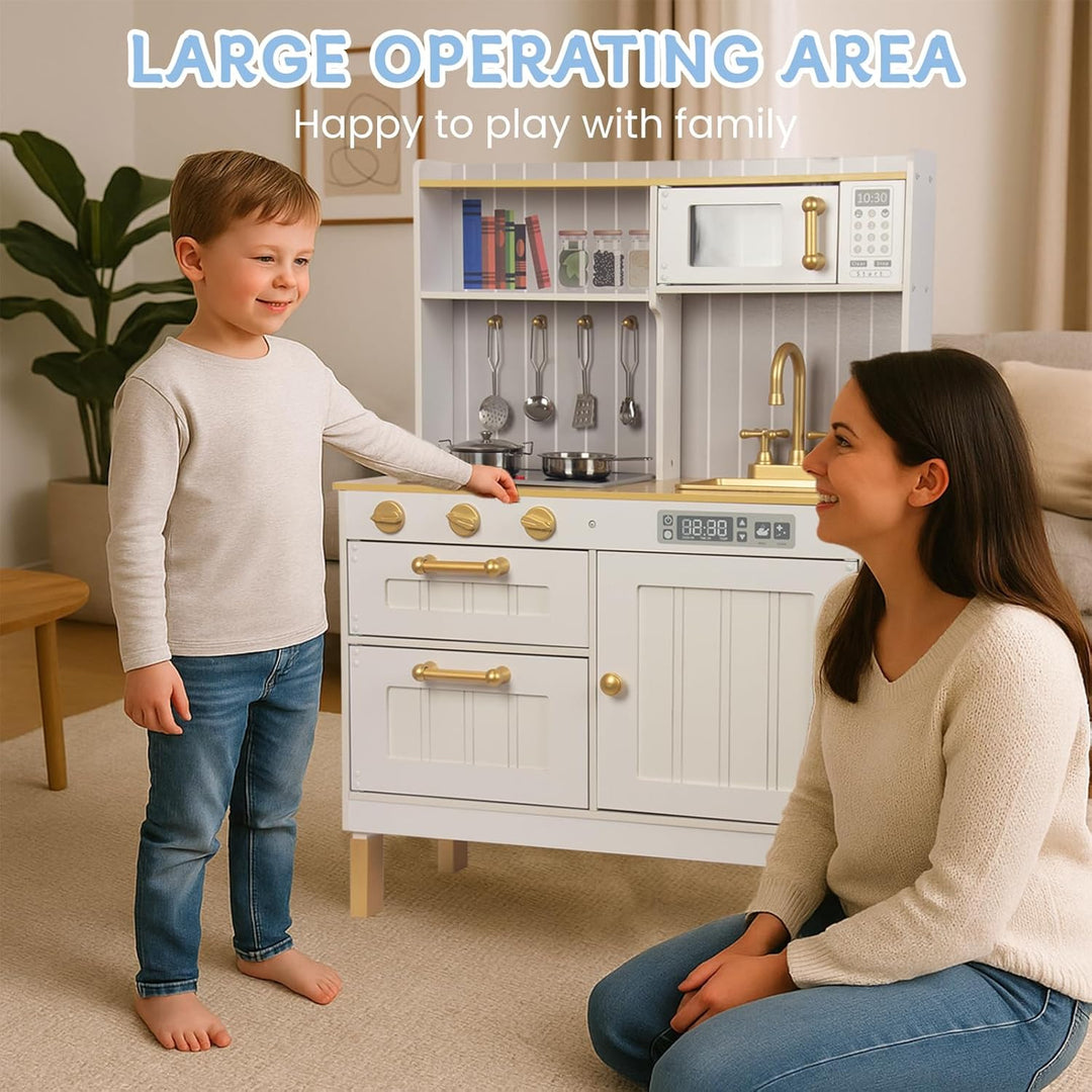 Rosa Hölzerne Kinderküche, Kinderspielküche mit Spüle Herd Backofen, Holzküche Spielzeugküche, Spiel