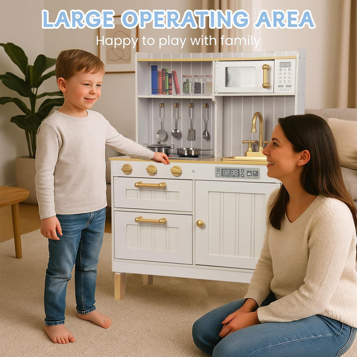 Rosa Hölzerne Kinderküche, Kinderspielküche mit Spüle Herd Backofen, Holzküche Spielzeugküche, Spiel