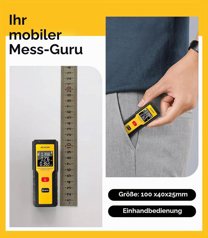 Laser Entfernungsmesser | REVASRI Digital Entfernungsmesser | Einfache Bedienung|Reichweite 50m | Mi