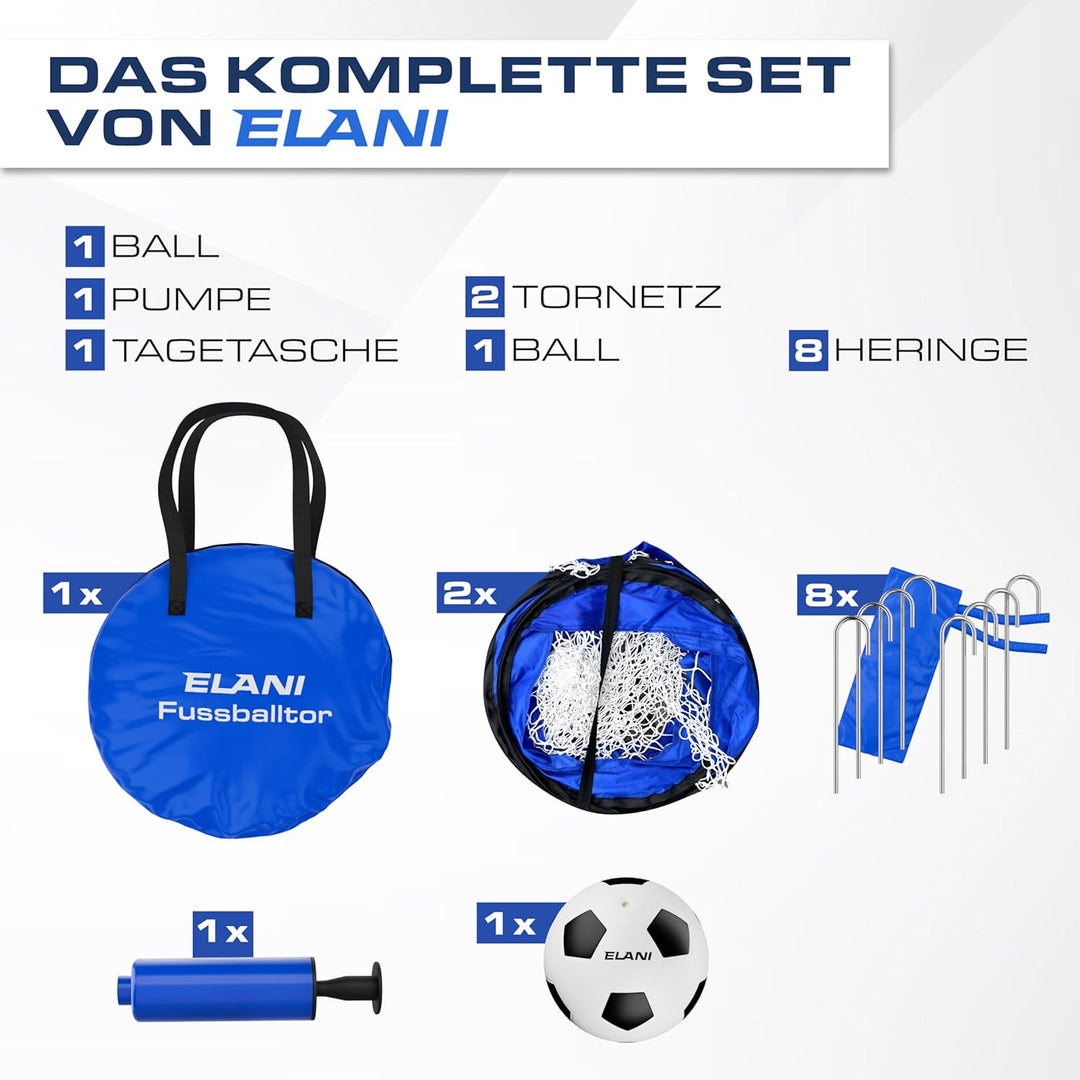 ELANI - Fussballtor Set mit 2 Toren - doppelt verstärkte Seiten & Tragetasche mit 8 Heringen für sic