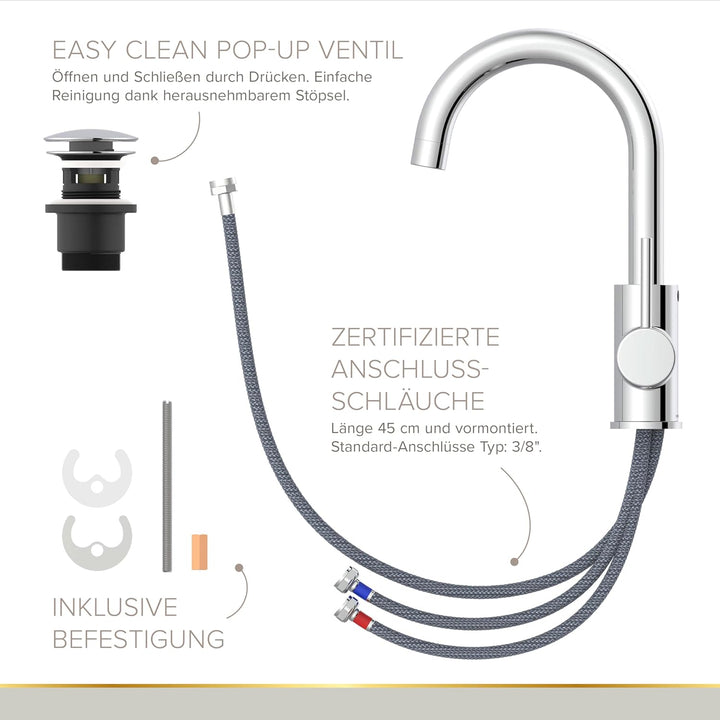 Lenz Niederdruck Waschtischarmatur Bow² in Chrom – 360° schwenkbarer Bogenauslauf – Mit EasyClean Po