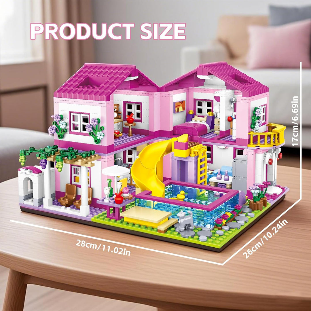CSNRHG Rosa Sommer Pool Villa Baustein Set Freunde BAU Bildungs 1018 Stück Geschenke Erwachsene Alte