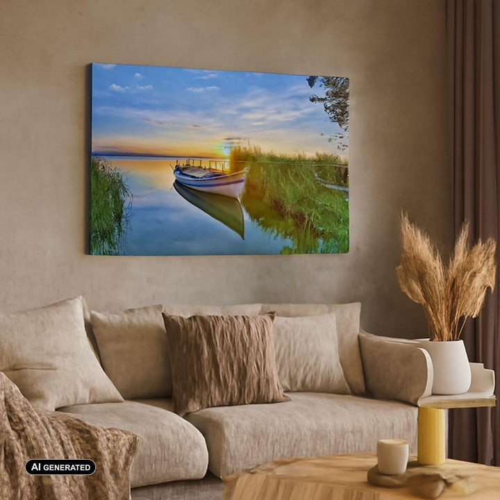 Bilder auf Leinwand See Boot Wasser Leinwandbild mit Rahmen 70x50cm Wandbilder Dekoration Wohnzimmer
