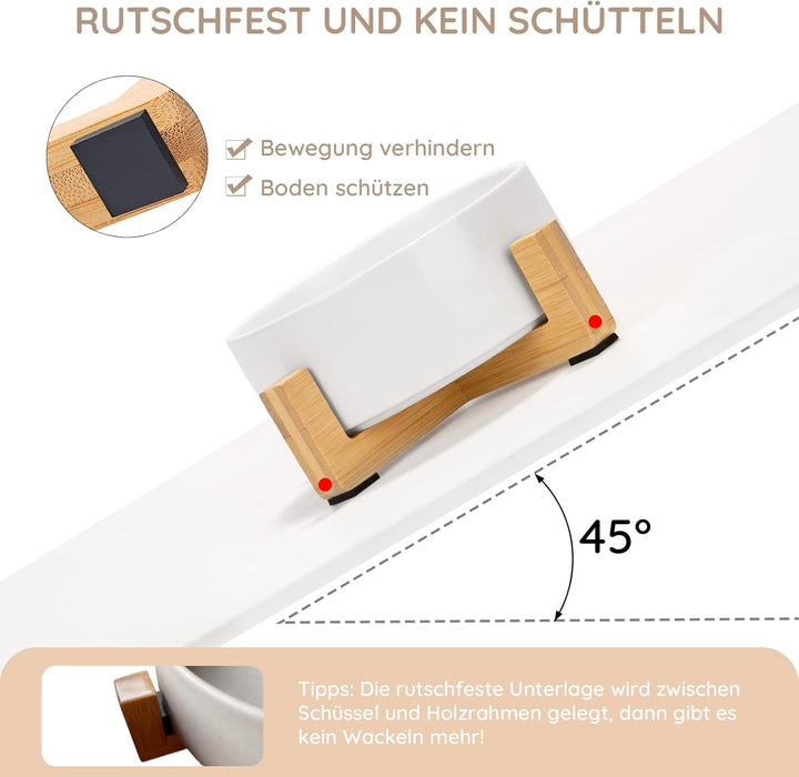 SPUNKYJUNKY Keramik Futternapf mit Bambus Ständer für Katzen und kleine Hunde (400ml, Weiss-Einzel)