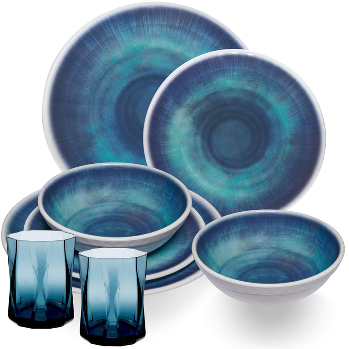 Melamin Geschirr Set Jesolo Blau für 2 Personen 8 Teile 300ml Acryl bunt 8 Teile - Trinkglas Blau 30
