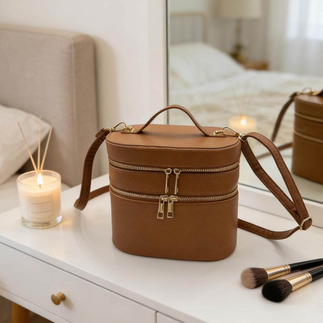 Vanity Case Make-up-Tasche, doppellagige Reise-Kosmetiktasche mit Griffen und Riemen, Make-up-Organi