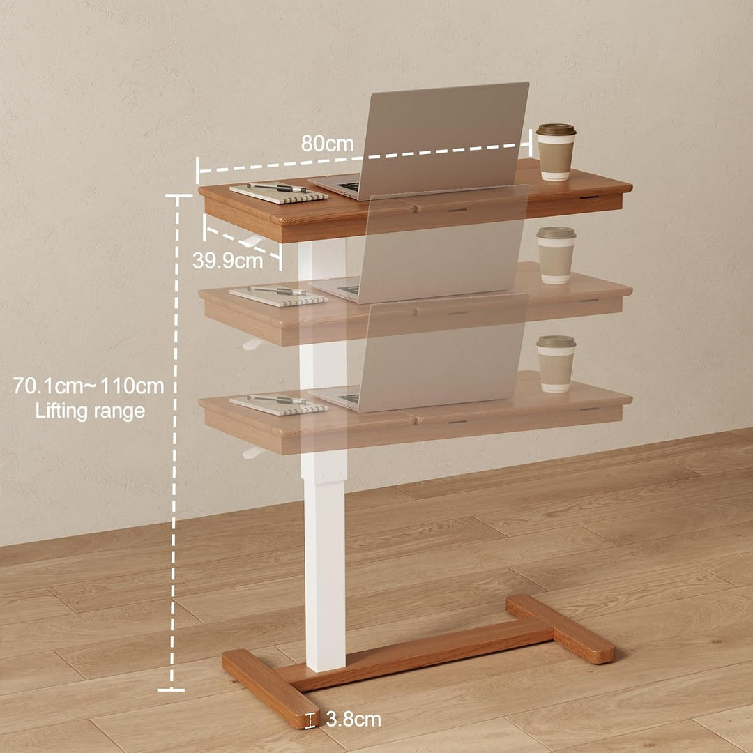 Massivholz-Beistelltisch mit Rollen, mobiler Stehtisch, 80 × 40 cm grosse Tischplatte, verstellbare