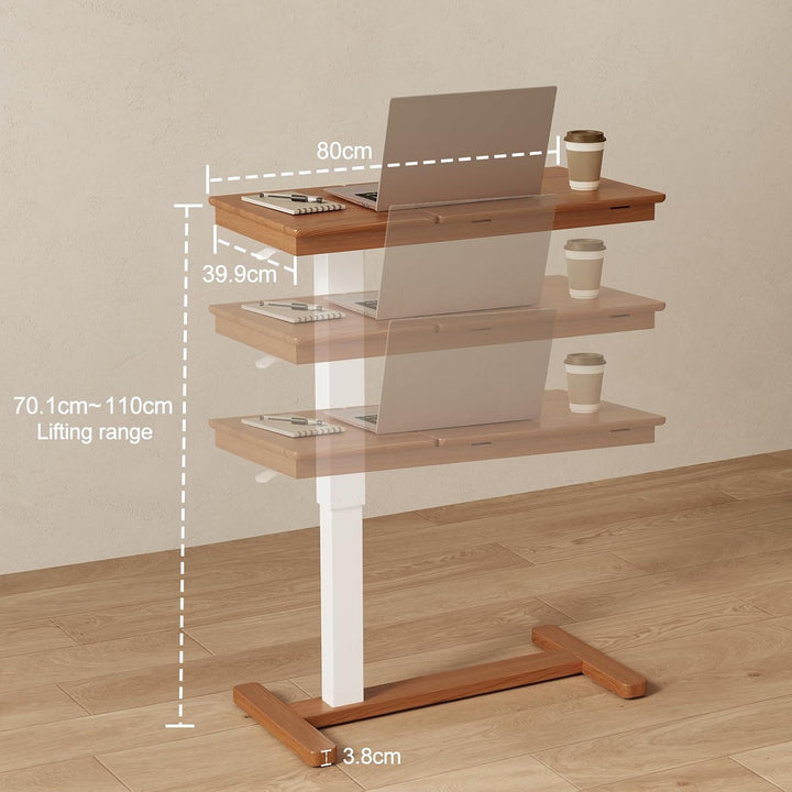 Massivholz-Beistelltisch mit Rollen, mobiler Stehtisch, 80 × 40 cm grosse Tischplatte, verstellbare