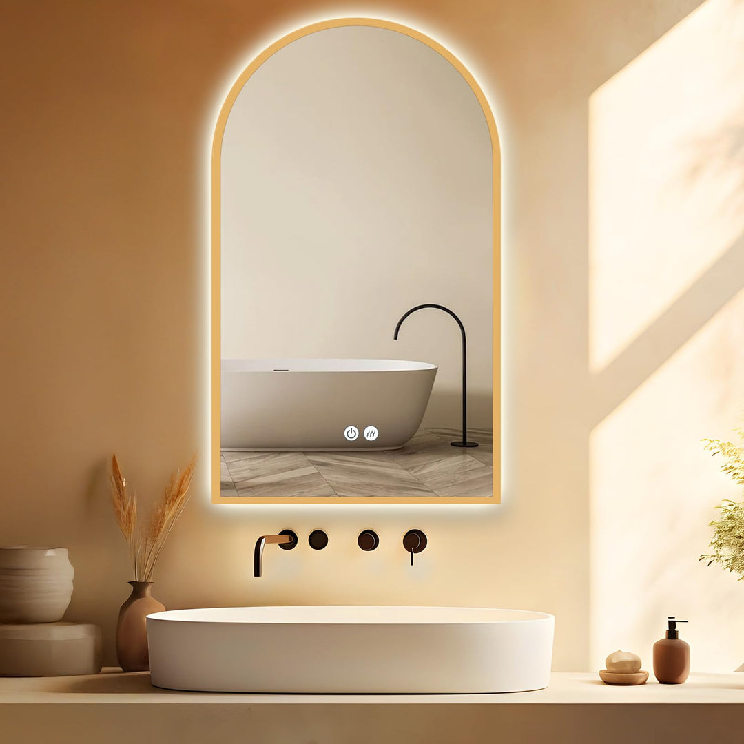 Gold Badspiegel Led Beleuchtung Arch 60x100/100x60cm, Wandspiegel mit Antibeschlag und mit Touch Sch