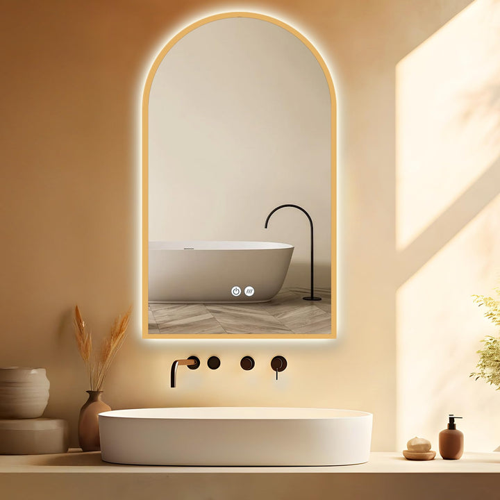 Gold Badspiegel Led Beleuchtung Arch 60x100/100x60cm, Wandspiegel mit Antibeschlag und mit Touch Sch