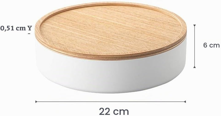 Yamazaki 5801 RIN Aufbewahrungsbehälter mit Deckel, rund, weiss, Stahl/Holz, Minimalistisches Design