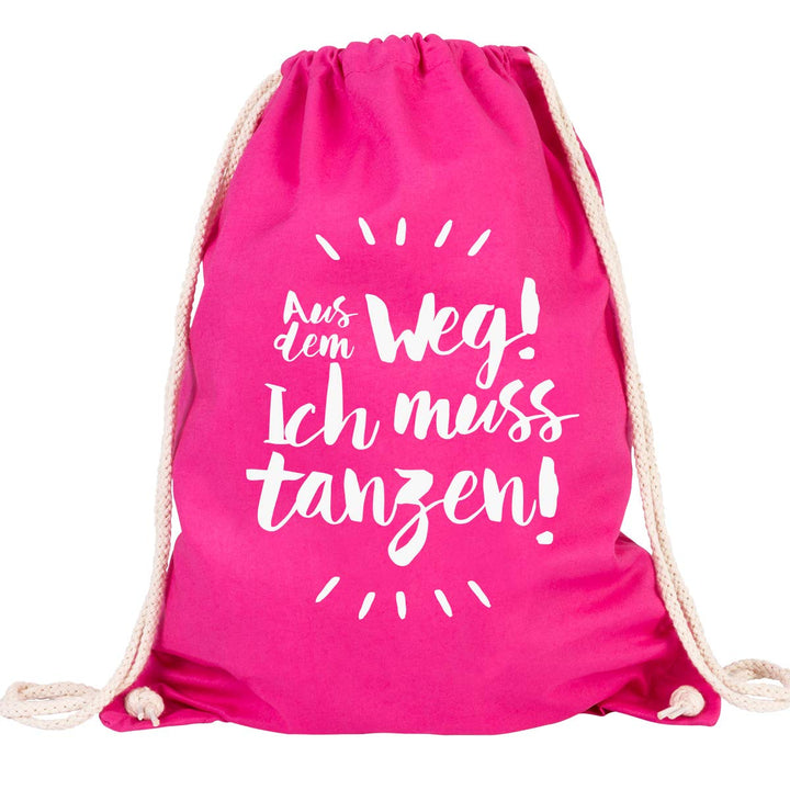 JUNIWORDS Turnbeutel - Wähle eine Farbe - "Aus dem Weg! Ich muss tanzen!" - Beutel: Pink, Text: Weis