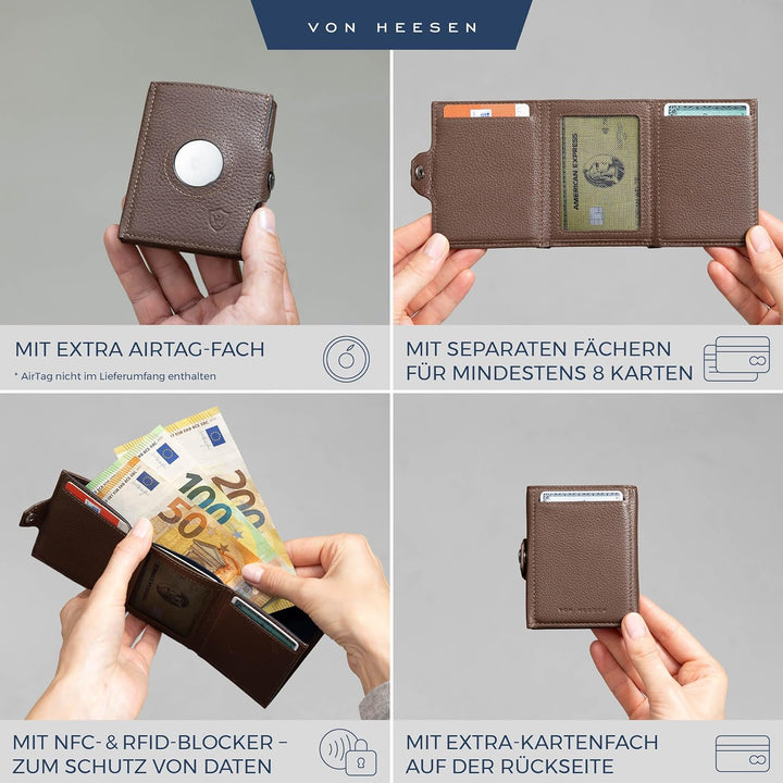 VON HEESEN Slim Wallet mit Airtag-Fach Braun Dunkelbraun OHNE MÜNZFACH & AIRTAG FACH, Dunkelbraun OH