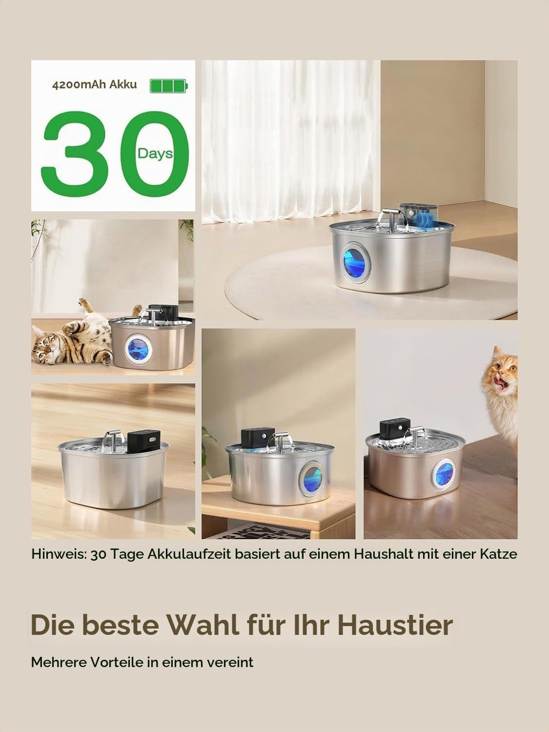 Edelstahl-Katzenbrunnen mit 3 Betriebsmodi: 3,2L kabelloser Trinkbrunnen für Katzen, Ultra-leise Pum