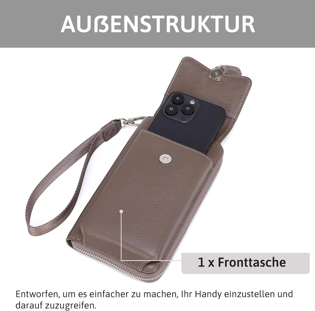 Pearl Angeli Weiches Echtes Leder Handy Umhängetasche - Handytasche Geldbörse Damen RFID Schutz klei