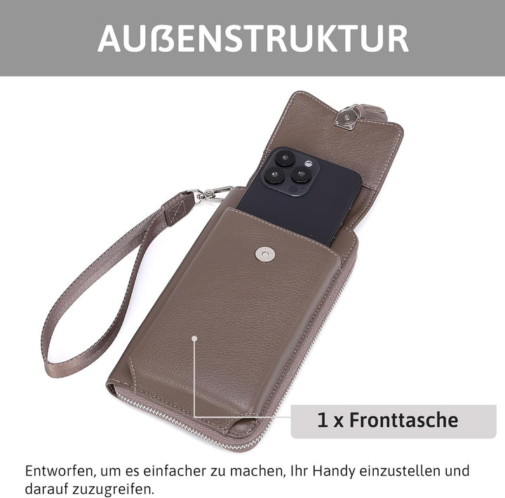 Pearl Angeli Weiches Echtes Leder Handy Umhängetasche - Handytasche Geldbörse Damen RFID Schutz klei
