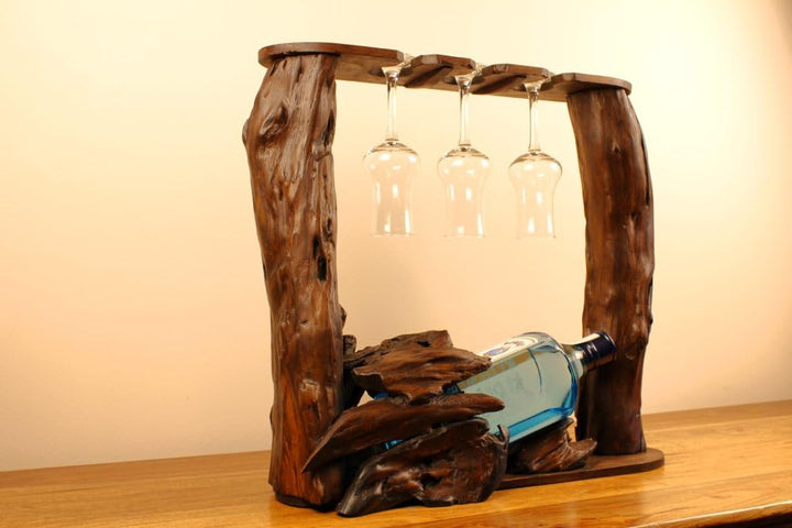 Kinaree XL Wurzelholz Flaschenständer - Teak Flaschenhalter - Edel und Dekorativ für 1 Flasche und 3