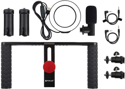 PULUZ 4-in-1 Vlogging Live Broadcast 11,7 cm Ring LED Selfie Licht Smartphone Video Rig Griff Stabil
