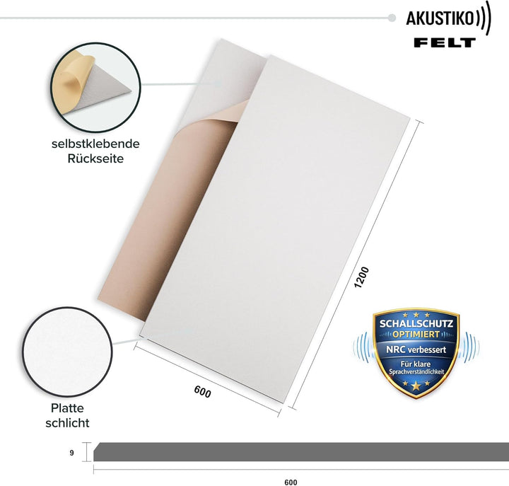 AKUSTIKO Akustikpaneele Selbstklebend 120x60cm - 4 Stück Weiss Akustik Wandpaneele Schallschutz &amp; Ra