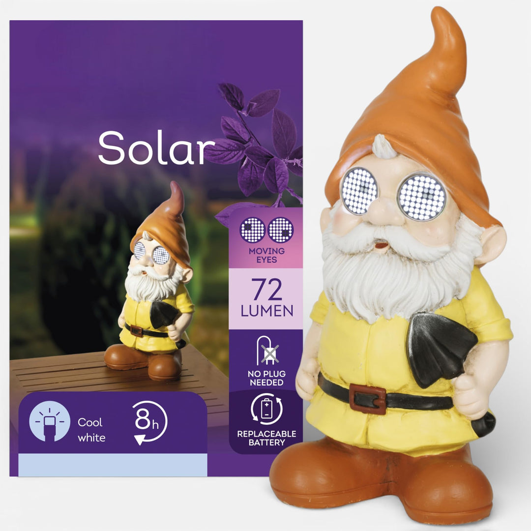 MIJOMA Solarfigur mit Moving Eyes – LED Gartenfigur aus Polyresin mit 8h Timer – Solarbetriebene Dek