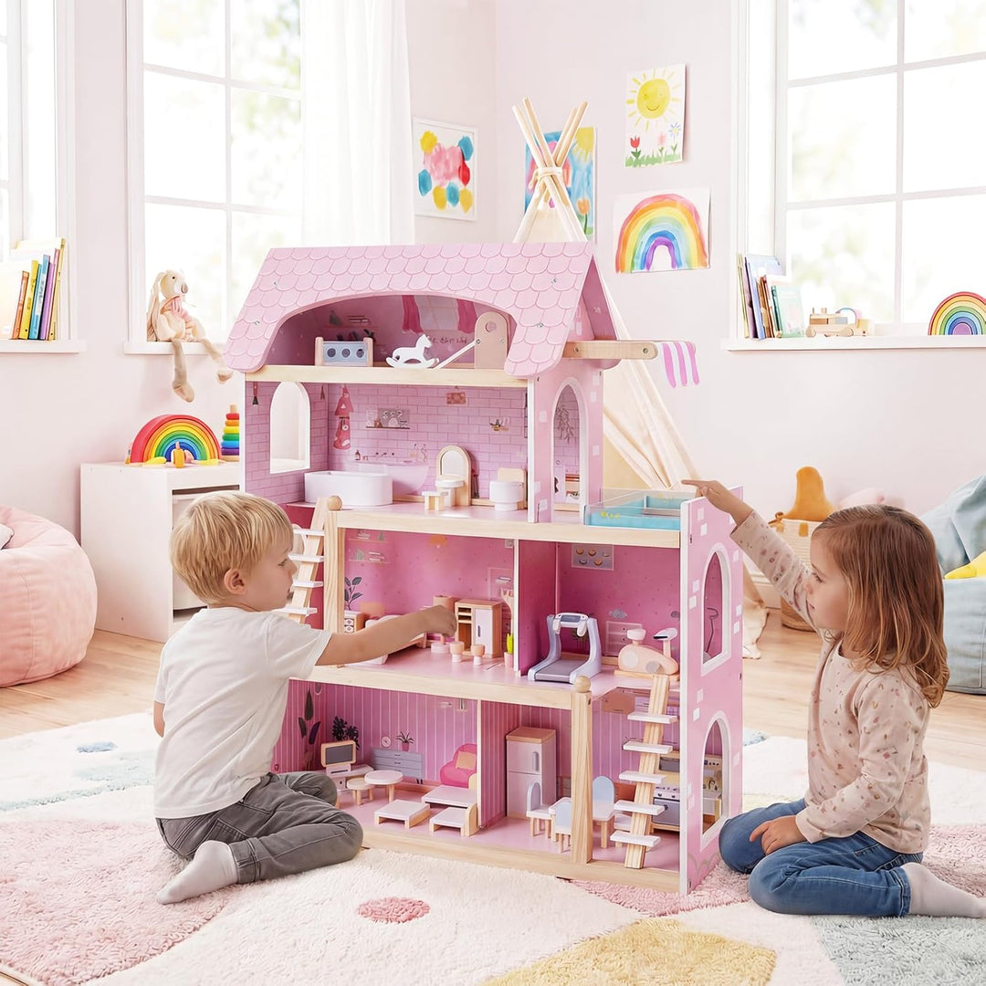 COSTWAY Puppenhaus Holz, Kinder Dollhouse mit 33 Möbelstücken, Puppenstube mit Balkon & Pool, Puppen