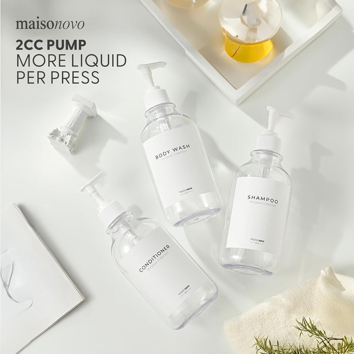 MaisoNovo Nachfüllbare Shampoo und Conditioner Flaschen | 500 ml Satz von 3 klaren Kunststoff-Flasch