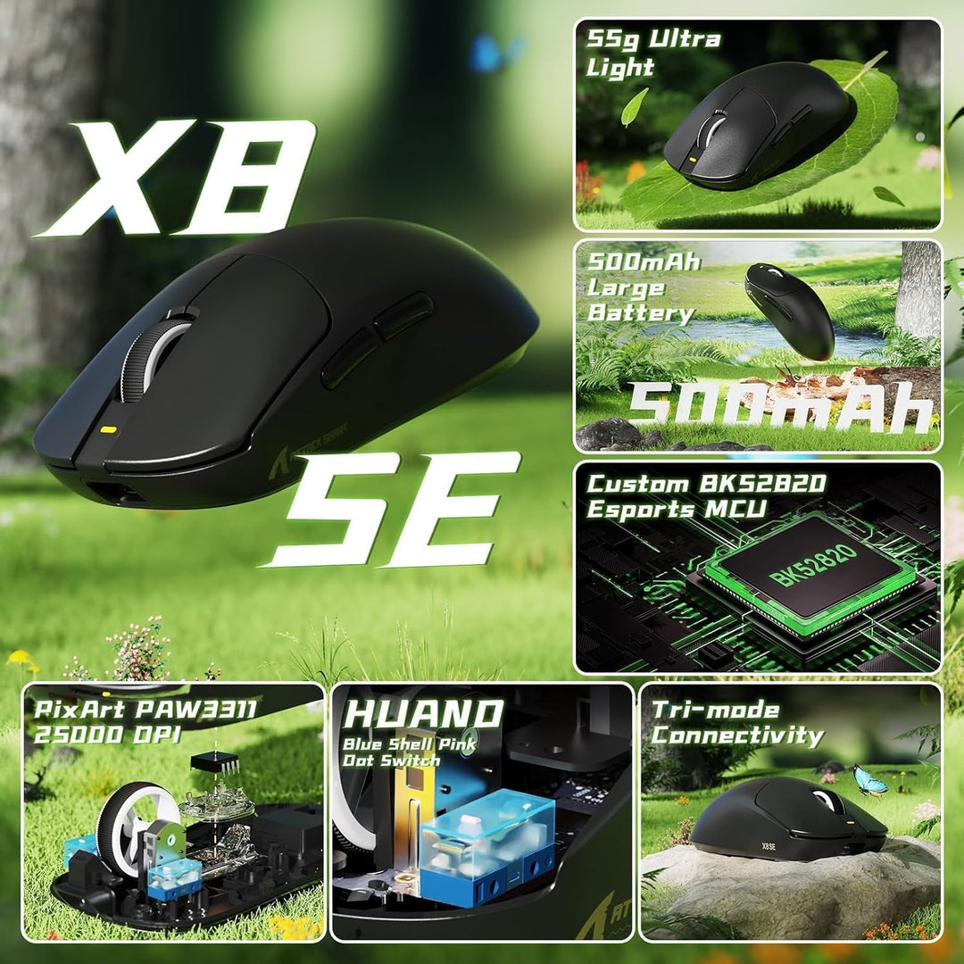 ATTACK SHARK X8SE Kabellose Gaming-Maus, 55g Ultraleicht, PAW3311 Sensor, BK52820 Chip, 25.000 DPI,