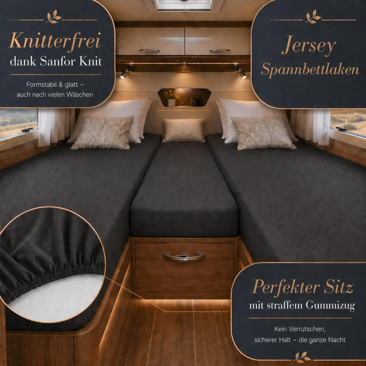 EXKLUSIV HEIMTEXTIL Jersey Spannbettlaken für Wohnmobile Heckbett 3-teilig 2 Längsbetten + 1 Mittelt