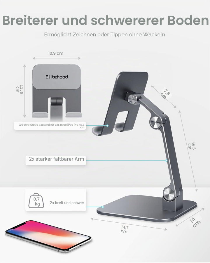 elitehood Höhenverstellbarer Aluminium iPad Ständer, Verstellbare Tablet Halterung für Tisch, Klappb