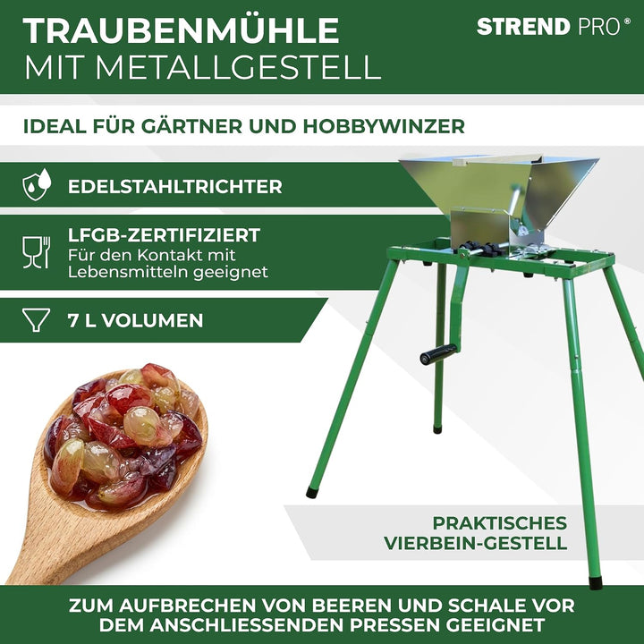 STREND PRO Traubenmühle 7 L Edelstahl mit Metallständer | Maischemühle Beerenmühle mit Handkurbel |
