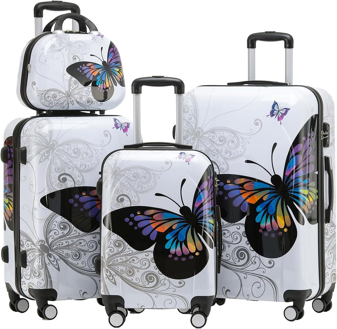 BEIBYE Butterfly 2060 4tlg Reisekoffer Trolley Hartschalen Kofferset (4er Set), 4er Set