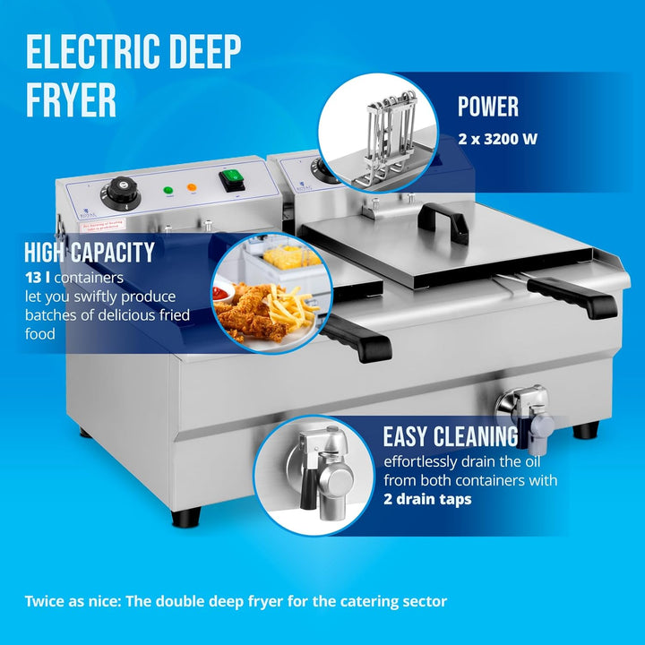Royal Catering Elektro-Doppel-Fritteuse Edelstahl Doppel-Fritteuse (2 x 3200 W, Kapazität: 2 x 13 l,