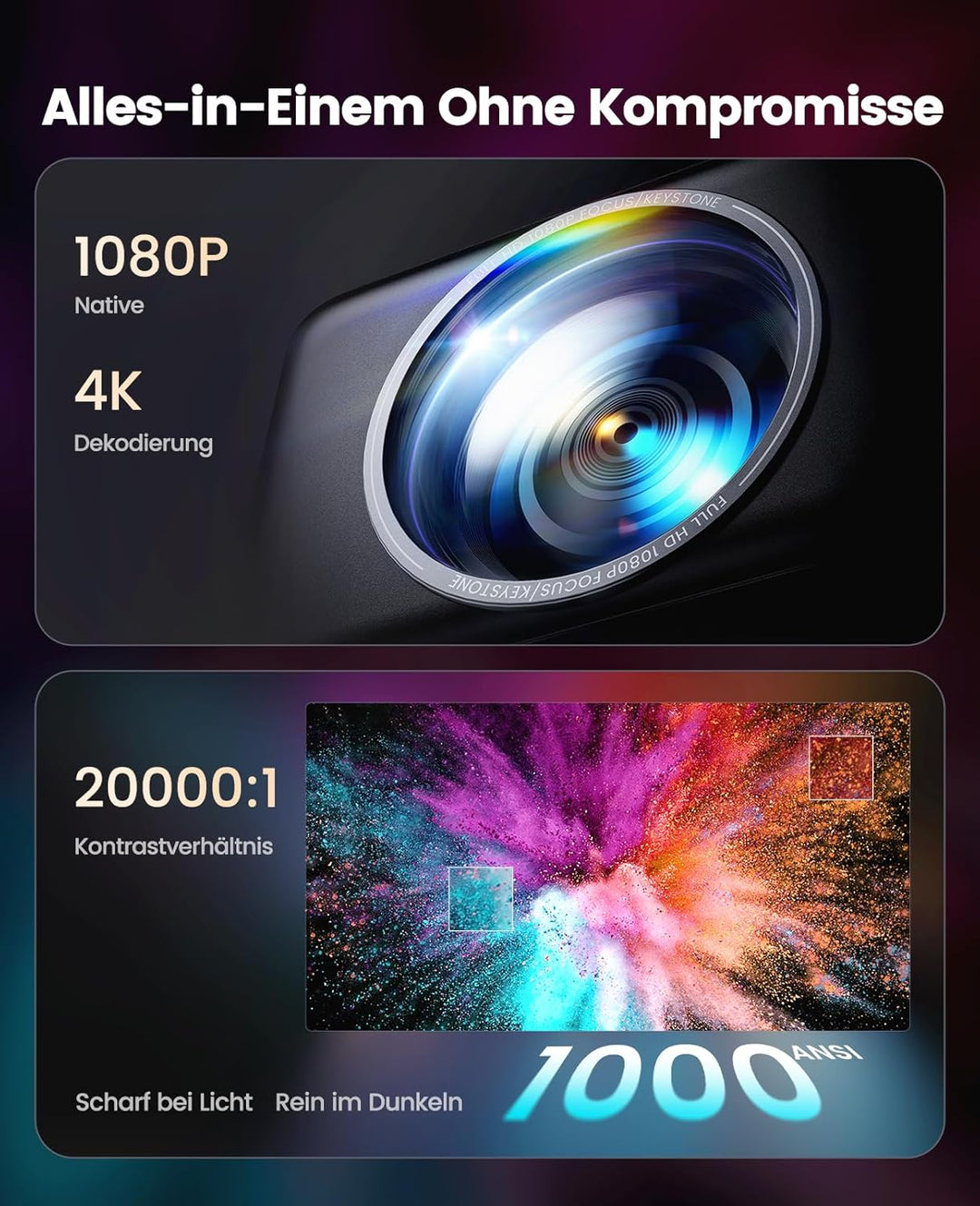 Smart Beamer kompatibel mit Netflix-App &amp; Dolby, Autofokus/Trapezkorrektur 1000 ANSI Beamer 4K Heimk
