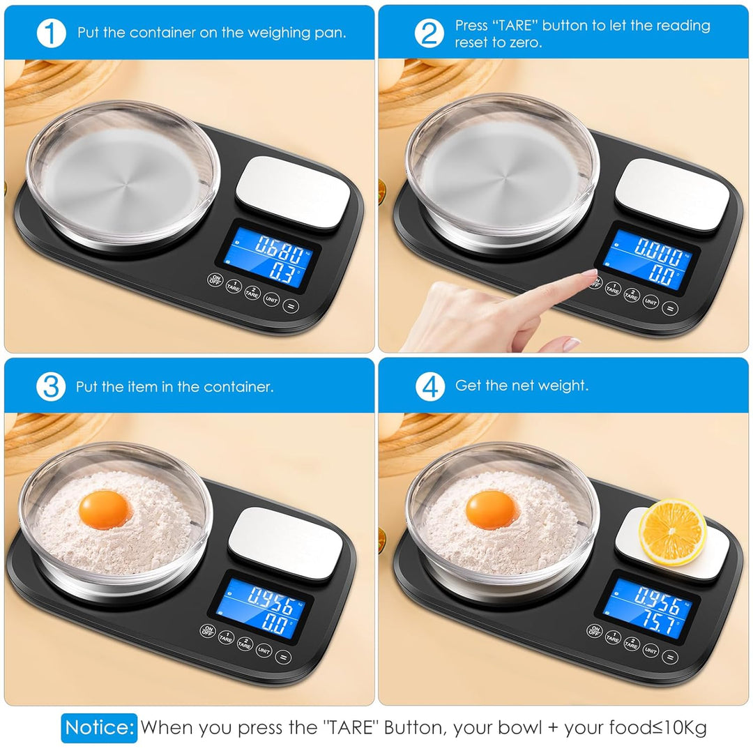 Brifit Küchenwaage mit Dualer Plattform, 10Kg /1g und 1Kg/0,1g，Digitalwaage mit 7 Einheiten, Tara Fu