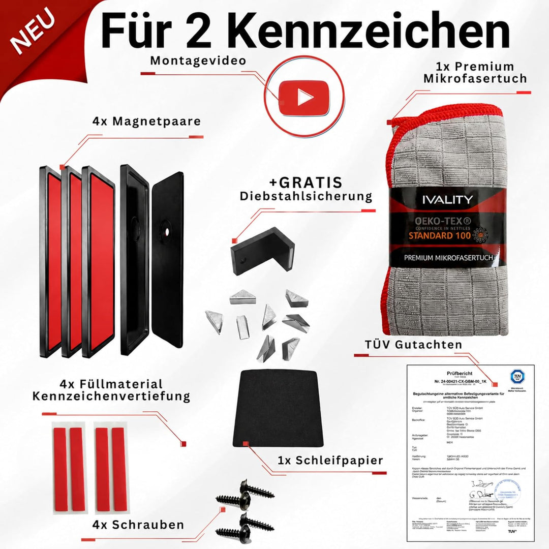 IVALITY Magnetischer Kennzeichen-Halter - Rahmenlose Nummernschild-Halterung für 2X Alu-Kennzeichen