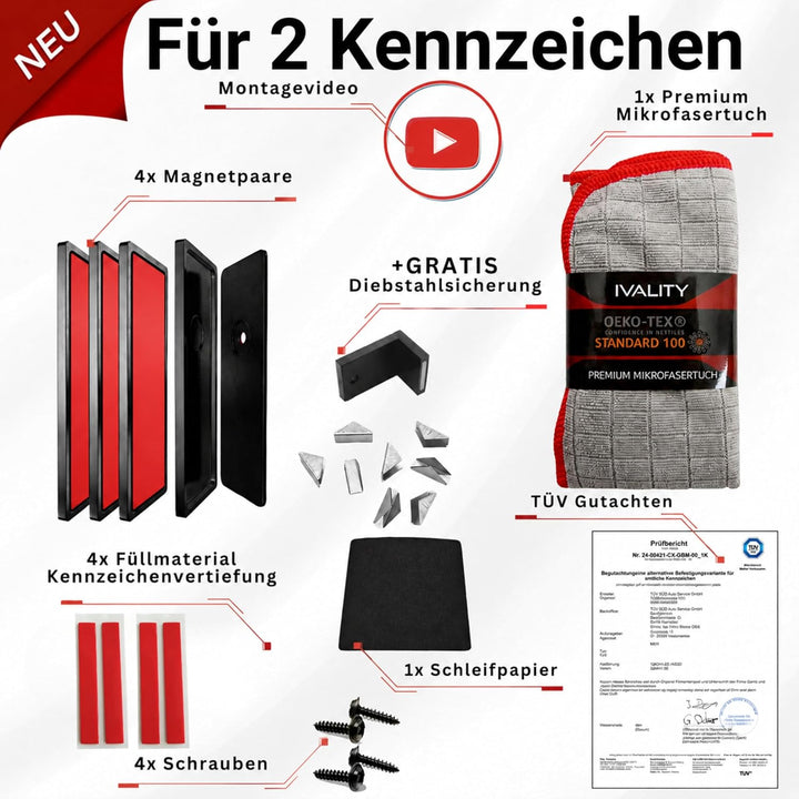 IVALITY Magnetischer Kennzeichen-Halter - Rahmenlose Nummernschild-Halterung für 2X Alu-Kennzeichen