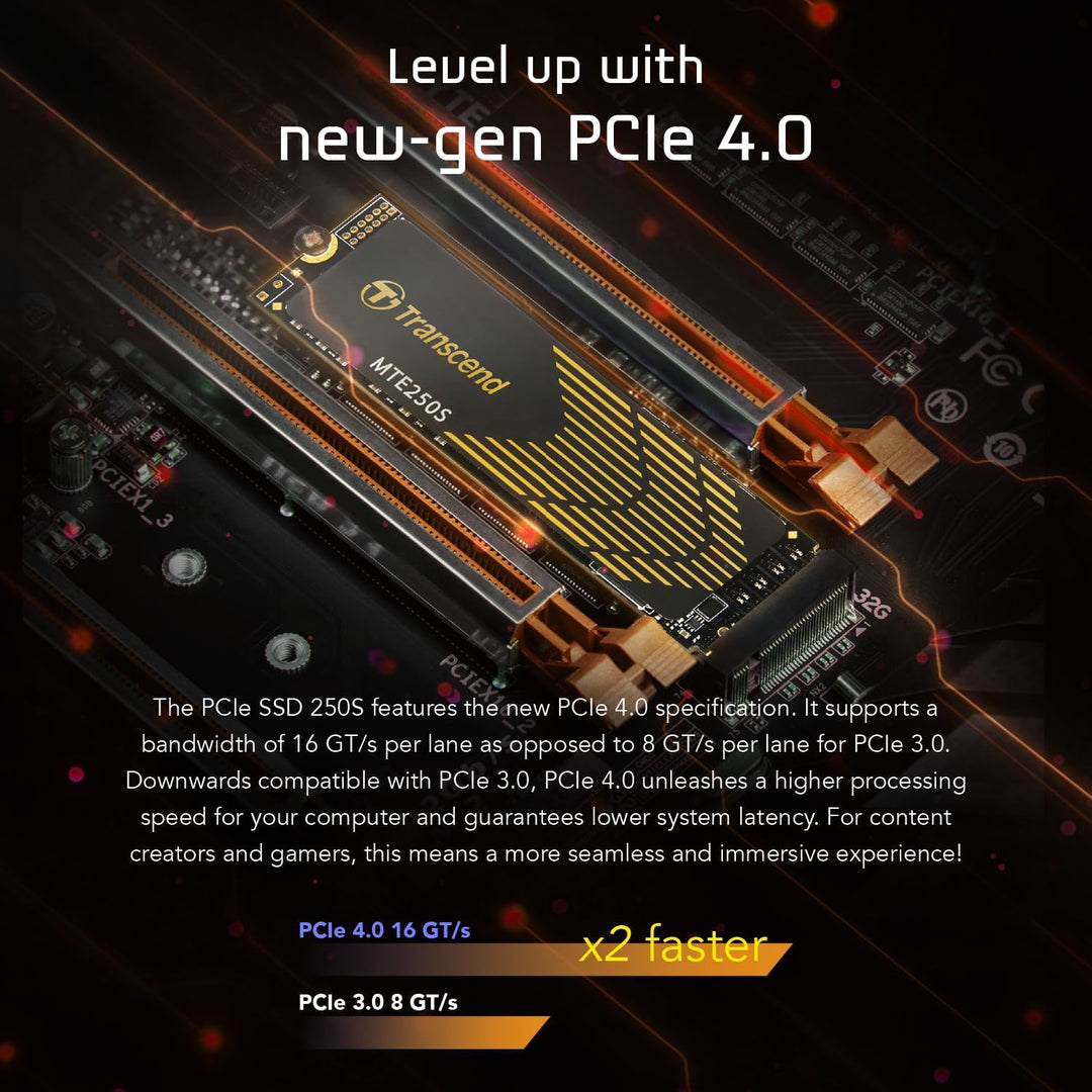 Transcend 4TB M.2 2280 PCIe Gen4x4 NVMe SSD - TS4TMTE250S 4T 22mm x 80mm x 3.77 mm, 4T 22mm x 80mm x