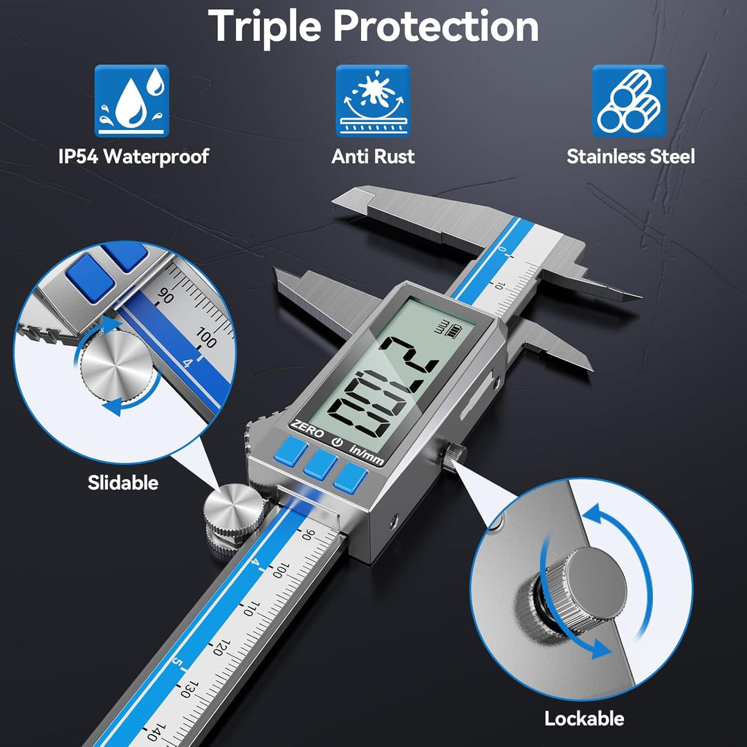 Preciva Digitaler Messschieber Aufladbar, 150 mm/0-6 Zoll Schieblehre Edelstahl, IP54 Schutz, LCD Di